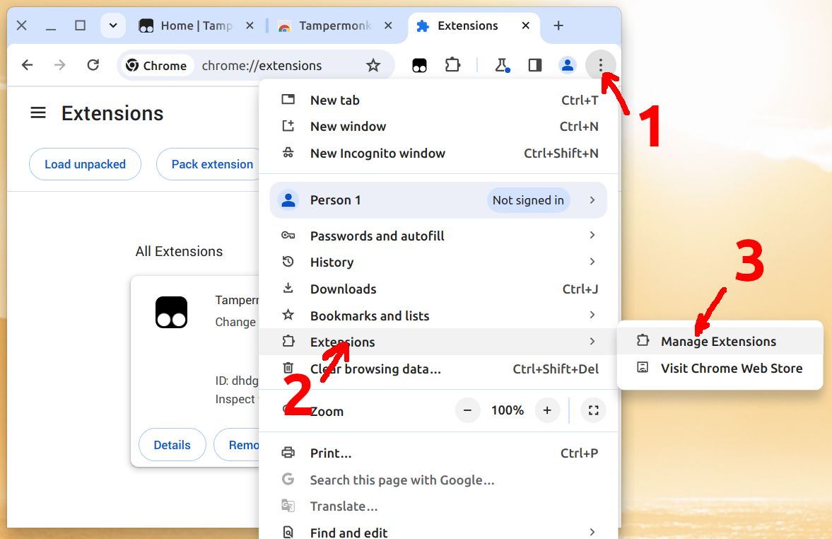 Open the Extensions page from the browser menu