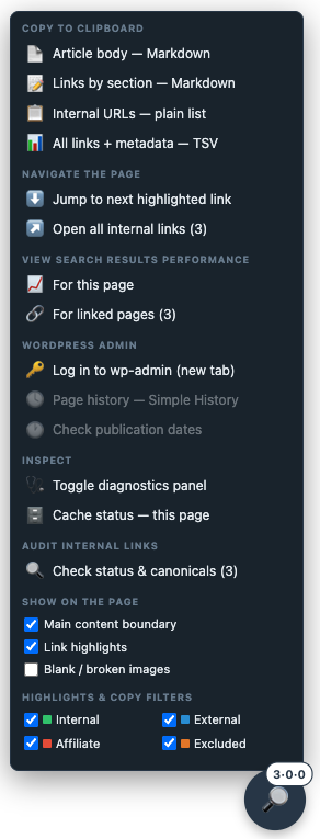 The ◆ menu, with sections for copying to clipboard, navigating the page, search performance, WordPress admin, inspection, internal-link audit, the three "Show on the page" layer checkboxes, and the highlight/copy filters