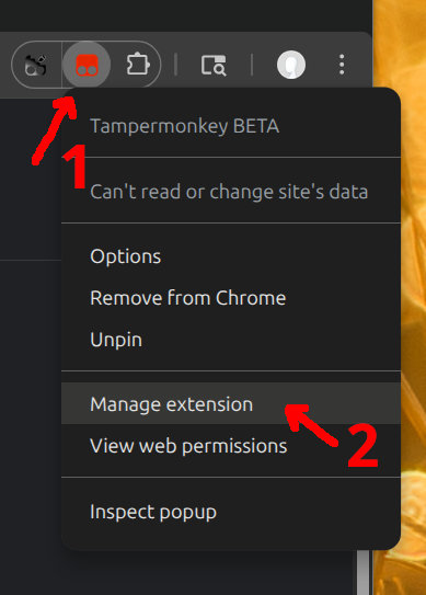 Right-click the Tampermonkey icon and choose Manage extension